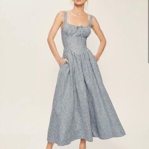 Reformation Blue and White Balia Linen Dress